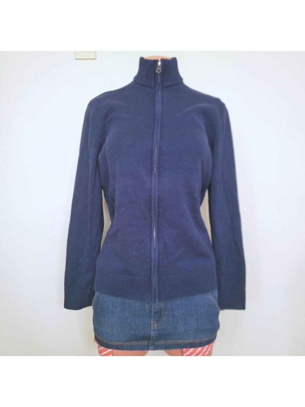 Place 90s Retro Oversized Navy Blue Zip Up Cardigan Sweater (XXL)